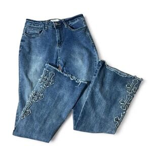 Y2K Bamboo Jeans Womens Size 7 Blue Cross Patchwork Flare Distressed Denim Pants